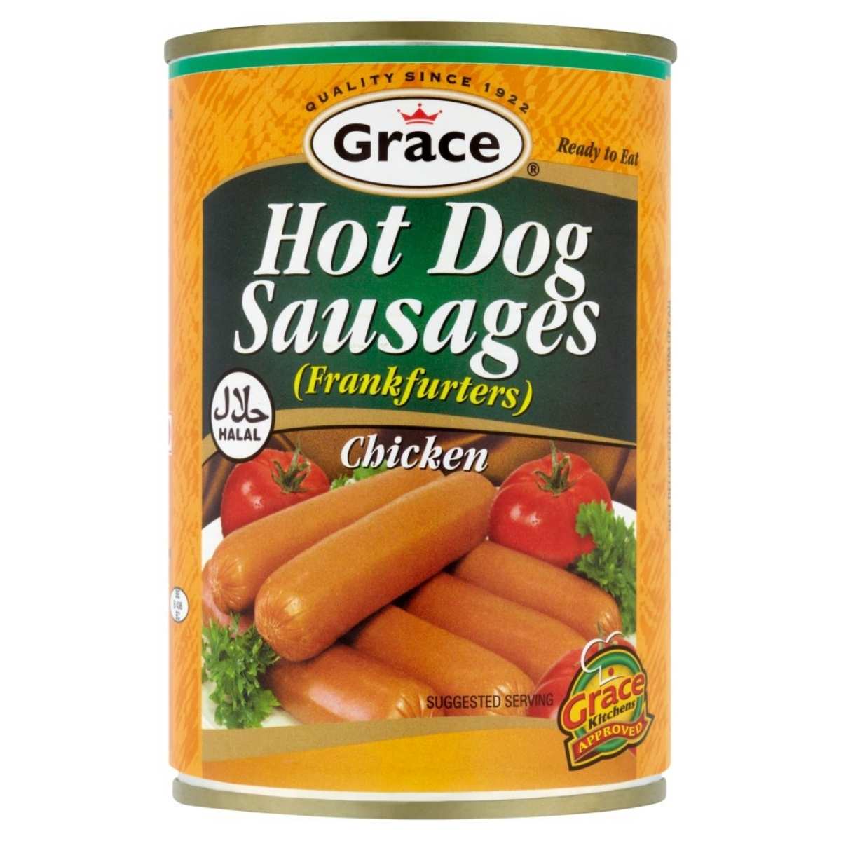 A can of Grace - Chicken Hot Dog Sausages (400g) is proudly labeled as Halal Ready to Eat, featuring an appetizing image of sausages, tomatoes, and herbs on the label. Perfect for those who trust Grace Kitchens for quality and flavor in every bite. A can of Grace - Chicken Hot Dog Sausages (400g) is proudly labeled as Halal Ready to Eat, featuring an appetizing image of sausages, tomatoes, and herbs on the label. Perfect for those who trust Grace Kitchens for quality and flavor in every bite.