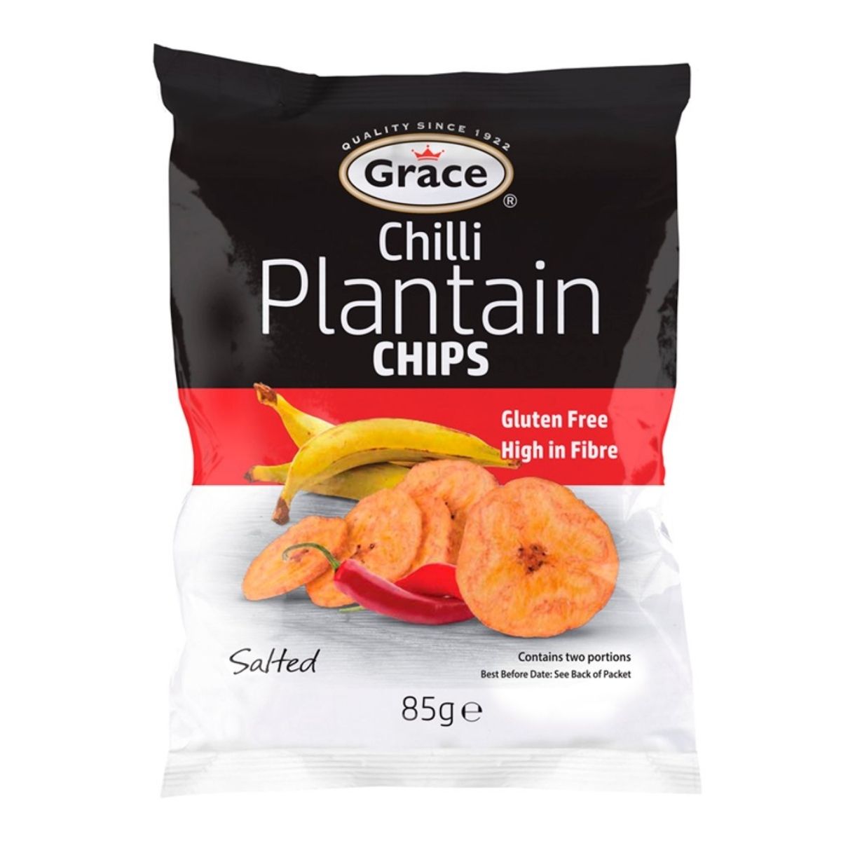 Grace Chilli Plantain Chips Salted, 85g, offer a tropical taste with images of plantain slices and red chili on the pack. Perfect for snacks, the bag highlights “Gluten Free” and “High in Fibre.”. Grace Chilli Plantain Chips Salted, 85g, offer a tropical taste with images of plantain slices and red chili on the pack. Perfect for snacks, the bag highlights “Gluten Free” and “High in Fibre.”.