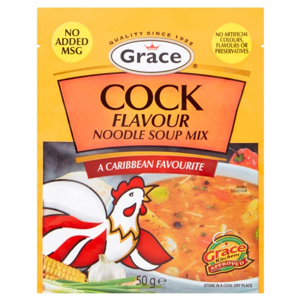 A 50g packet of Grace Cock Flavour Noodle Soup Mix, known as "A Caribbean Favourite," featuring images of a rooster and soup. A 50g packet of Grace Cock Flavour Noodle Soup Mix, known as "A Caribbean Favourite," featuring images of a rooster and soup.