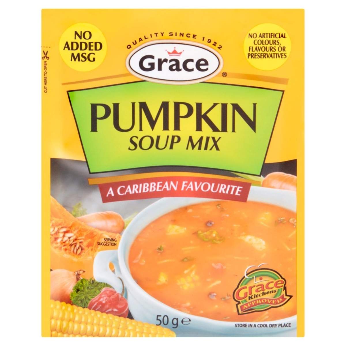 Packet of Grace - Pumpkin Soup Mix - 50g, labeled "A Caribbean Favourite," featuring images of soup and vegetables. Packet of Grace - Pumpkin Soup Mix - 50g, labeled "A Caribbean Favourite," featuring images of soup and vegetables.