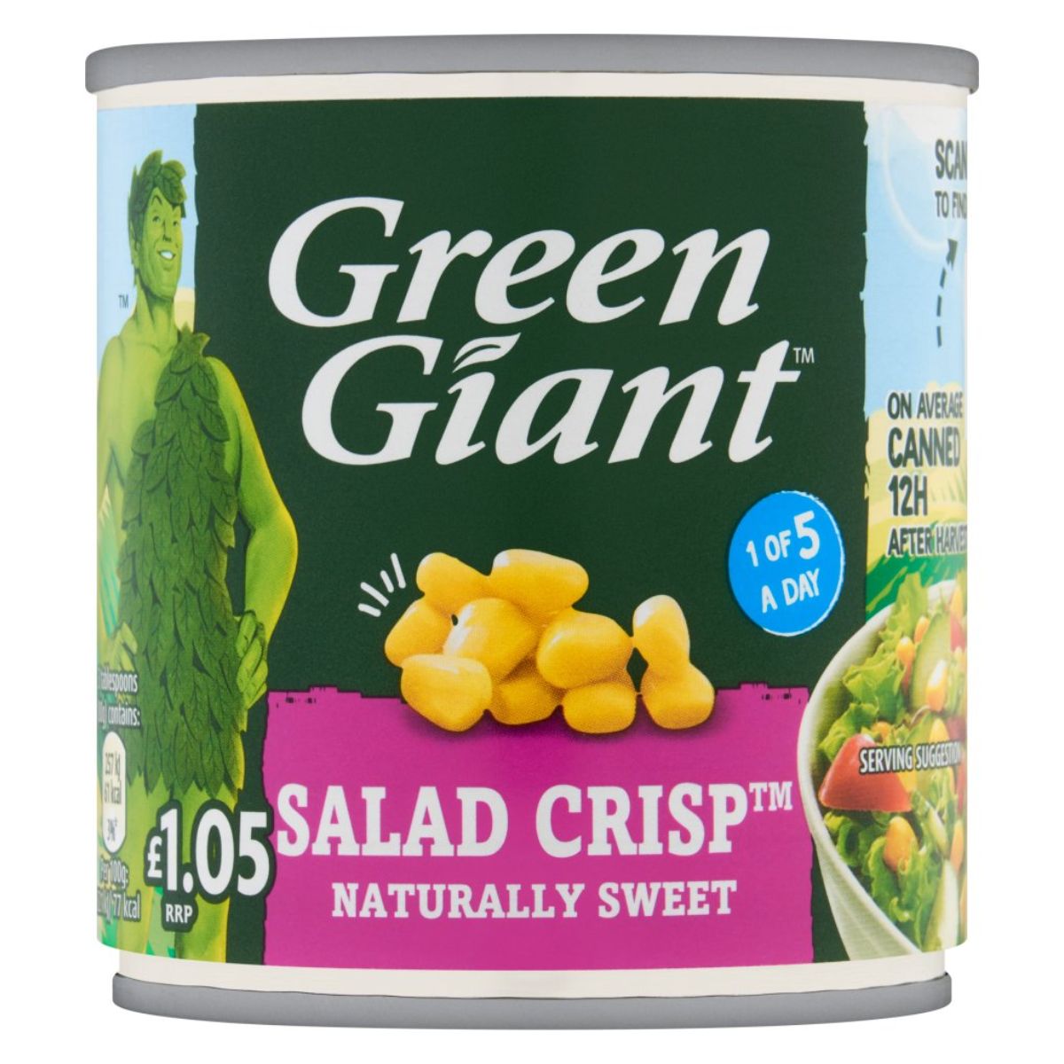 Can of Green Giant Salad Crisp Sweet Corn - 160g with a graphic of the Green Giant on the label, priced at £1.05. Can of Green Giant Salad Crisp Sweet Corn - 160g with a graphic of the Green Giant on the label, priced at £1.05.