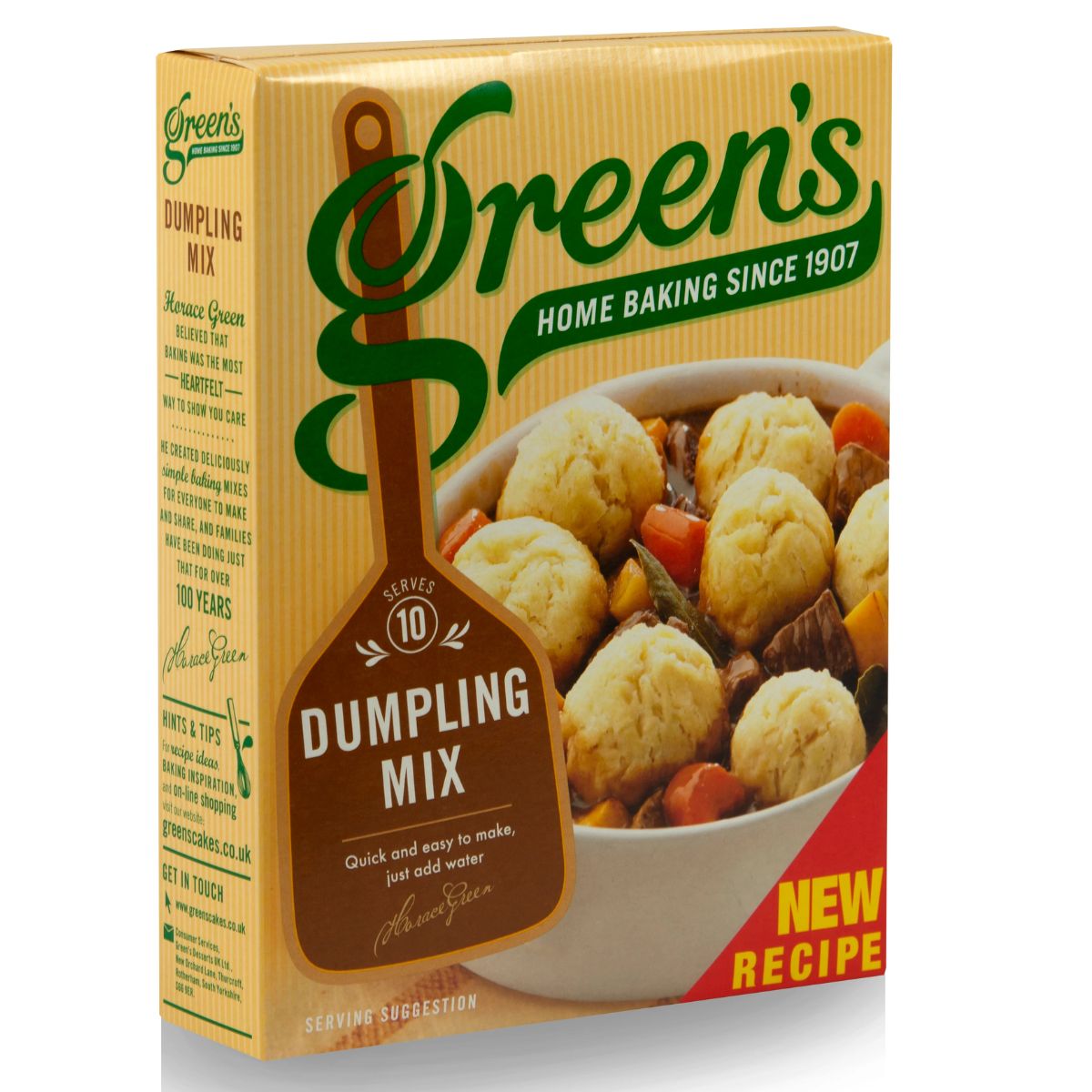 A box of Green's Classic Dumpling Mix (137g) by Green's, showing dumplings on stew, with "Home Baking Since 1907" and "New Recipe" on the pack. A box of Green's Classic Dumpling Mix (137g) by Green's, showing dumplings on stew, with "Home Baking Since 1907" and "New Recipe" on the pack.