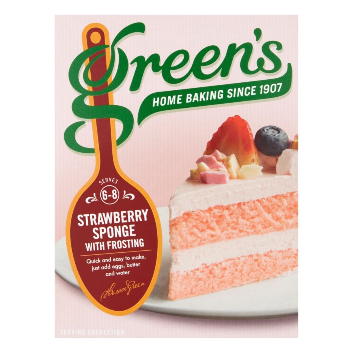 Box of Greens - Strawberry Sponge with Frosting - 381g mix, highlighting quick and easy baking process.