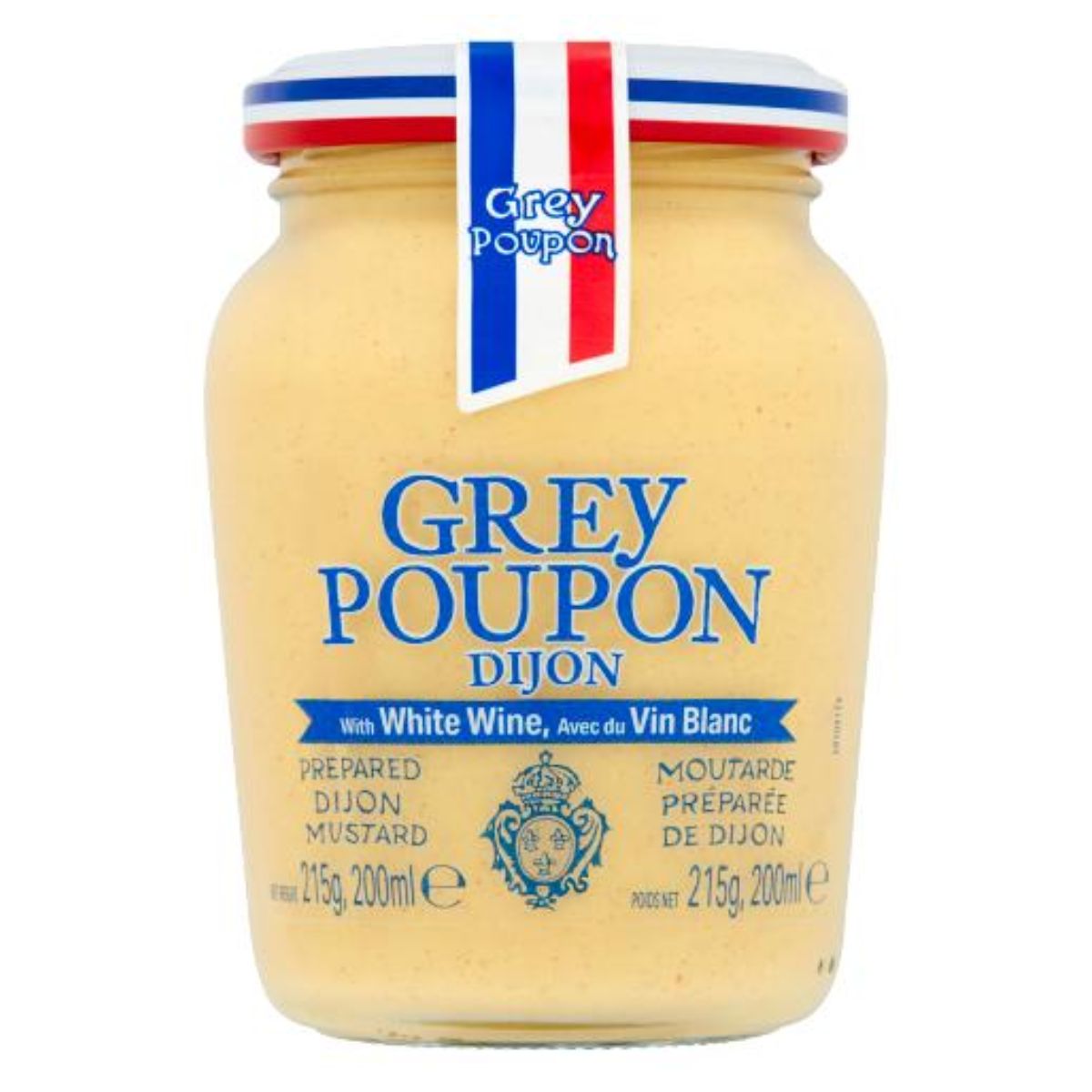 A jar of Grey Poupon Prepared Dijon Mustard with white wine, labeled in both English and French, displaying a crest and a ribbon in the colors of the French flag.