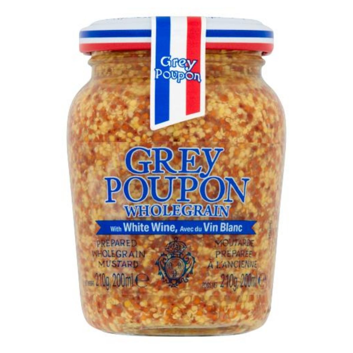 A 210g jar of Grey Poupon Prepared Wholegrain Mustard, featuring blue, white, and red labeling and a sealed lid. A 210g jar of Grey Poupon Prepared Wholegrain Mustard, featuring blue, white, and red labeling and a sealed lid.