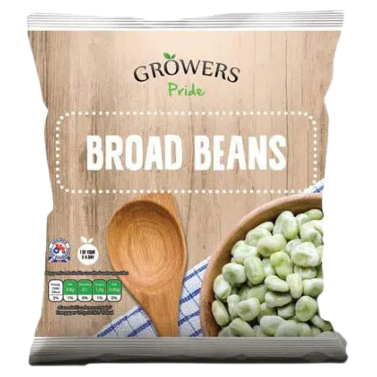A bag of Growers Pride - Broad Beans - 450g on a white background. A bag of Growers Pride - Broad Beans - 450g on a white background.