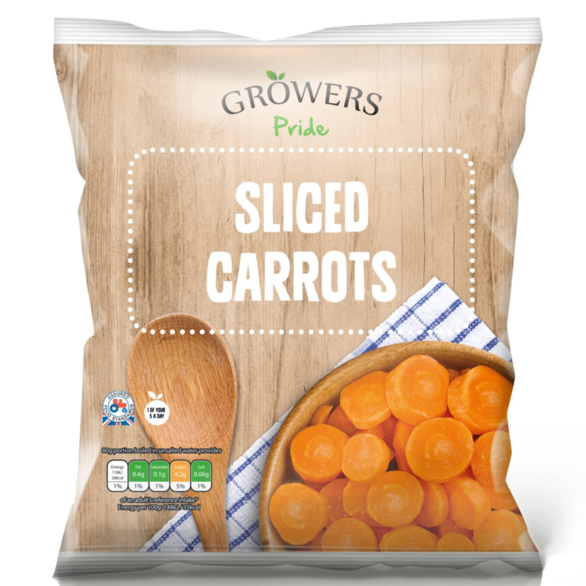 A bag of Growers Pride - Sliced Carrots - 450g on a white background.