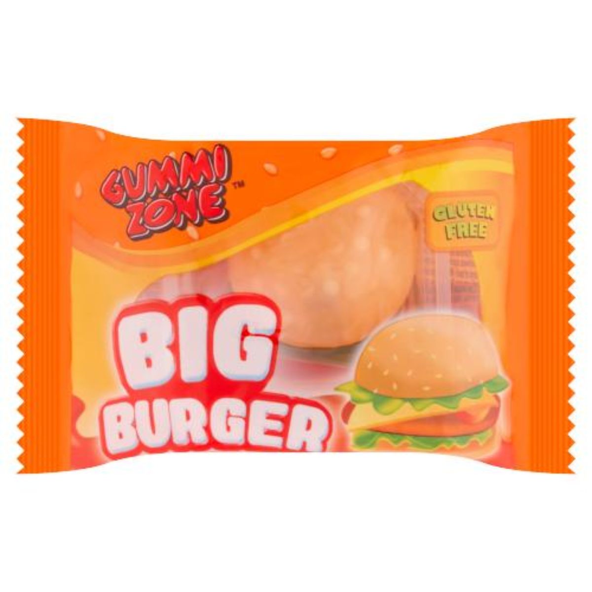Orange packaging of Gummi Zone - Big Burger - 28g, a gluten-free gummy candy designed to resemble a hamburger. Orange packaging of Gummi Zone - Big Burger - 28g, a gluten-free gummy candy designed to resemble a hamburger.