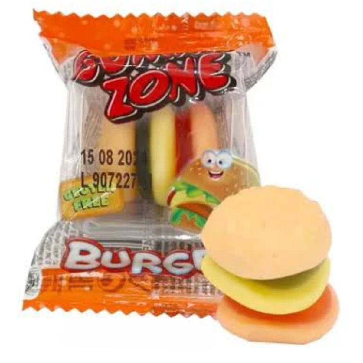 A bag of Gummi Zone - Burger Jelly - 7g candy with a burger on it.