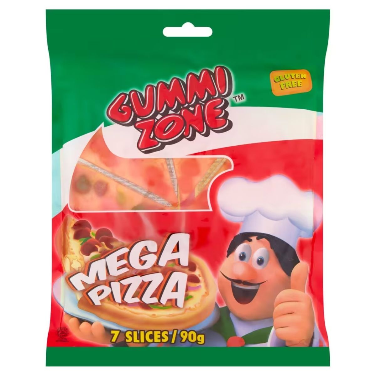 A bag of Gummy Zone - Mega Pizza - 90g. A bag of Gummy Zone - Mega Pizza - 90g.