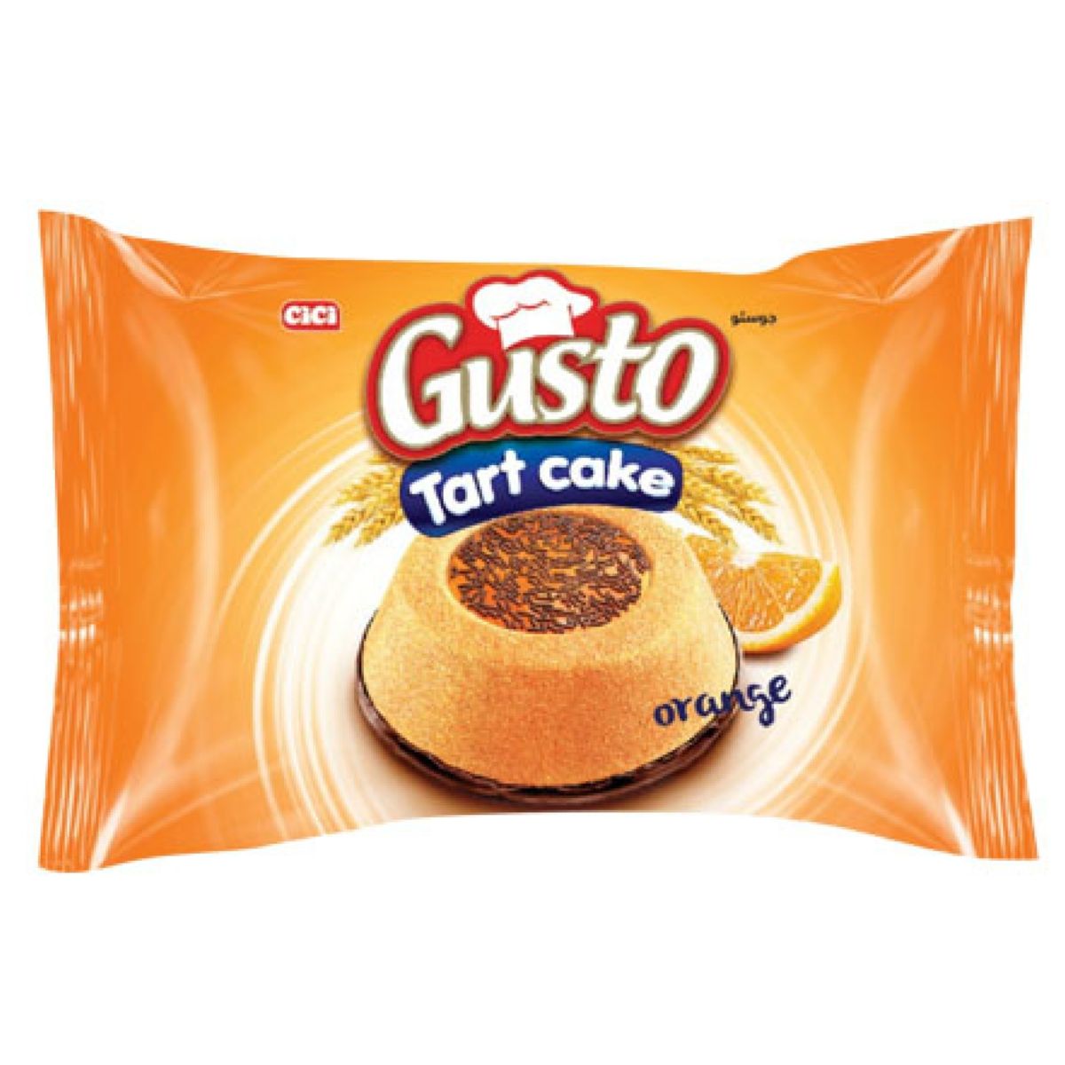 A bag of Gusto - Tart Cake Orange Jelly Cream - 45g on a white background.