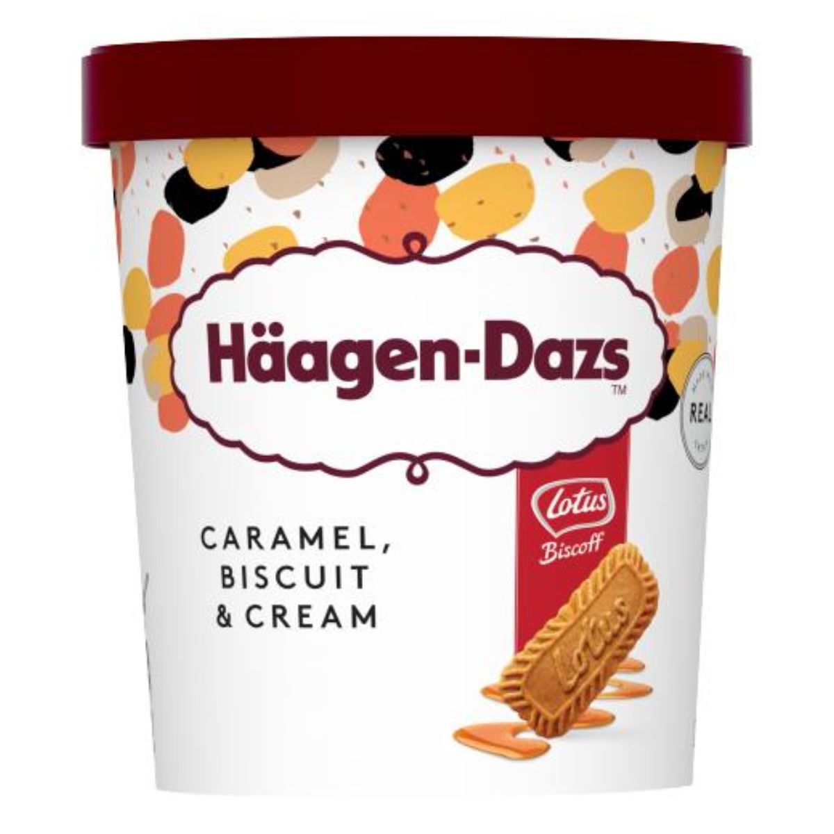 Container of Haagen Dazs - Caramel, Biscuit & Cream Ice Cream - 400g featuring a Lotus Biscoff cookie on the label. Container of Haagen Dazs - Caramel, Biscuit & Cream Ice Cream - 400g featuring a Lotus Biscoff cookie on the label.