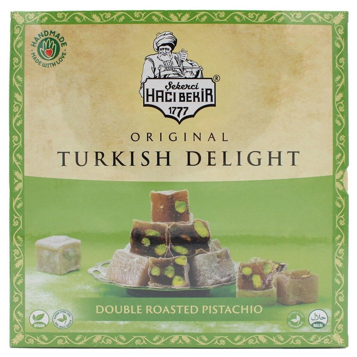 Experience the exquisite flavor of Istanbul with Haci Bekir - Double Roasted Pistachio Turkish Delight, 320g, presented in a box featuring its iconic logo and a green border. Experience the exquisite flavor of Istanbul with Haci Bekir - Double Roasted Pistachio Turkish Delight, 320g, presented in a box featuring its iconic logo and a green border.