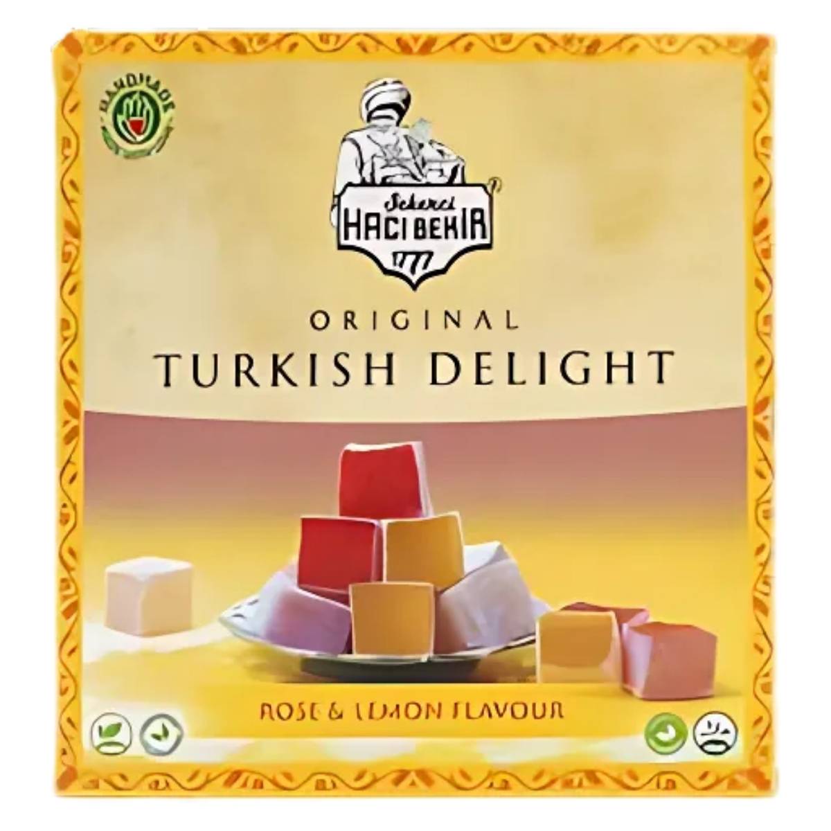 Haci Bekir - Rose & Lemon Turkish Delight (320g) box, featuring an image of these traditional treats elegantly stacked on a plate. Haci Bekir - Rose & Lemon Turkish Delight (320g) box, featuring an image of these traditional treats elegantly stacked on a plate.