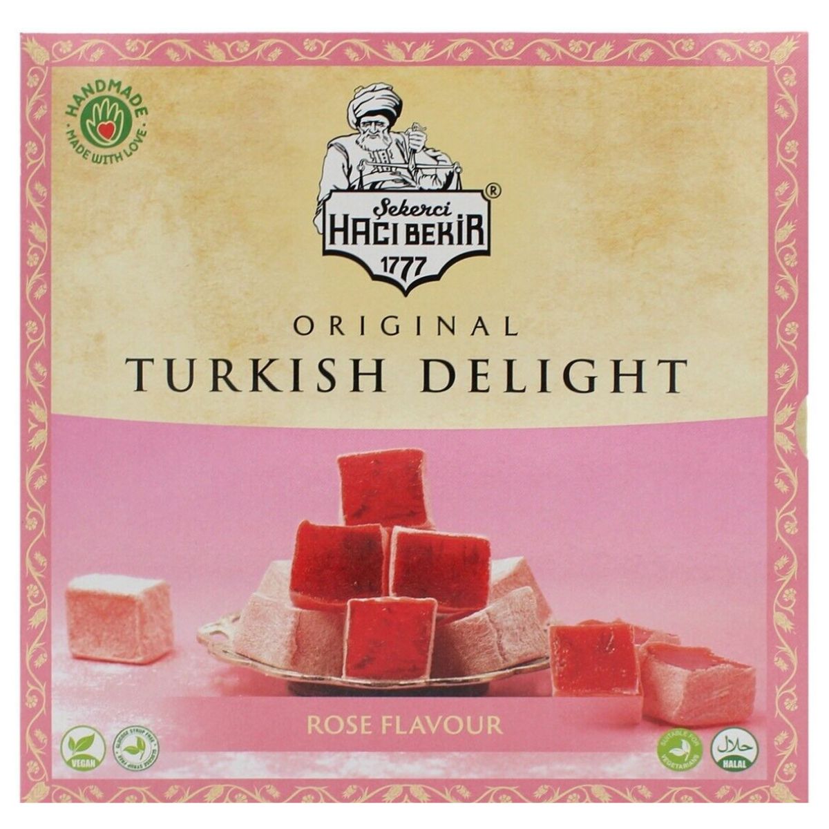 The Haci Bekir - Rose Turkish Delight - 320g box features a refined presentation with an image that elegantly displays the sweets stacked on a plate. The Haci Bekir - Rose Turkish Delight - 320g box features a refined presentation with an image that elegantly displays the sweets stacked on a plate.