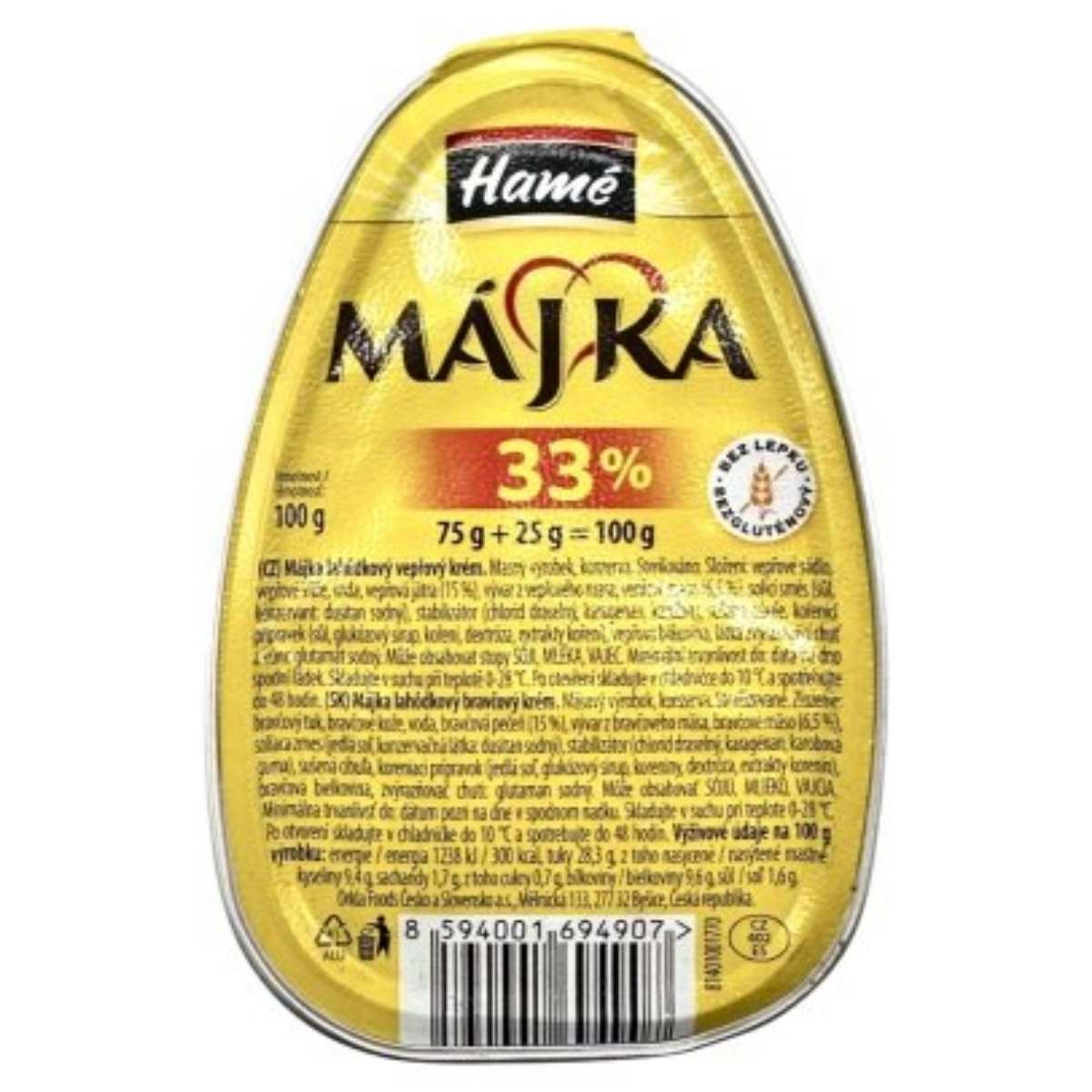 Packaging of Hamé - Májka Delicate Pork Cream, a 100g meat spread with 33% content, displaying nutritional information on a yellow background. Packaging of Hamé - Májka Delicate Pork Cream, a 100g meat spread with 33% content, displaying nutritional information on a yellow background.
