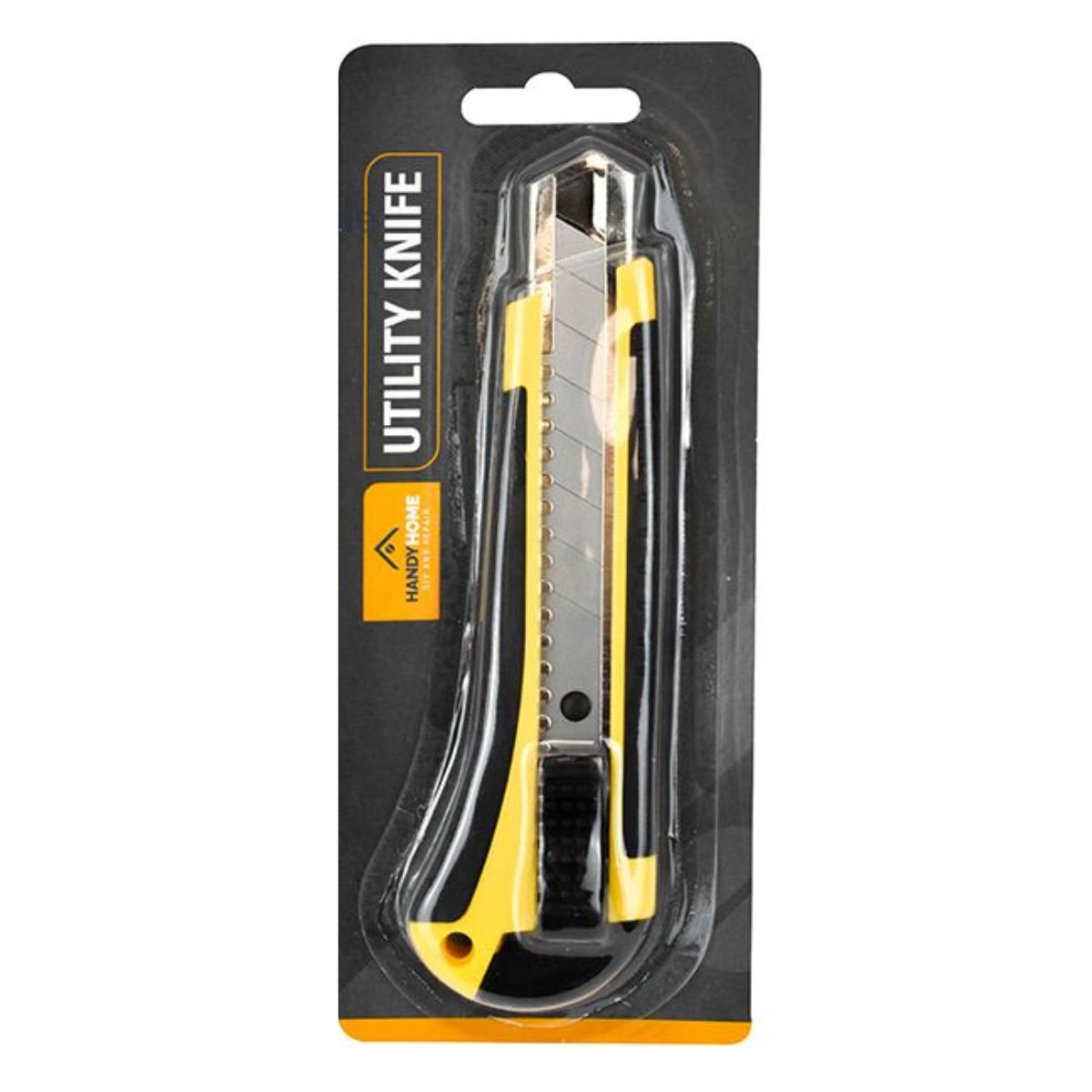 A yellow and black Handy Home utility knife in a package. A yellow and black Handy Home utility knife in a package.