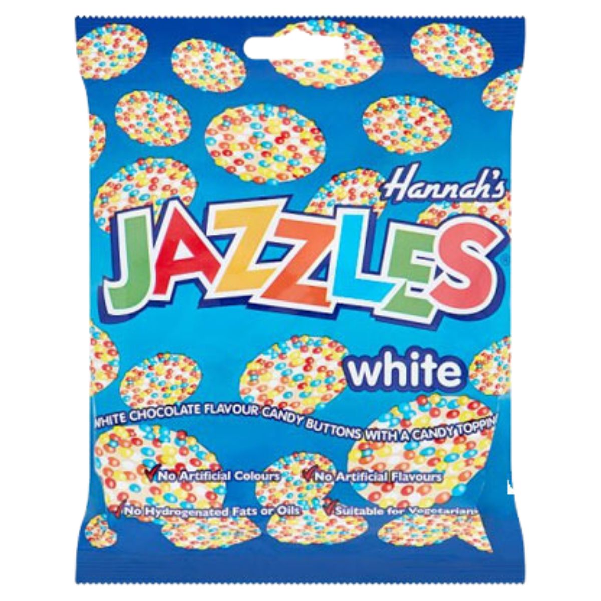 A bag of Hannahs - Jazzles White - 140g candy. A bag of Hannahs - Jazzles White - 140g candy.