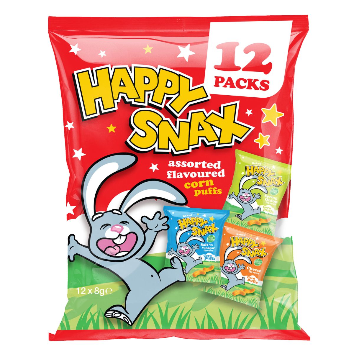 Happy Snax - Crisps Assorted Flavoured Corn Puffs - 12 x 8g - 12 packs.