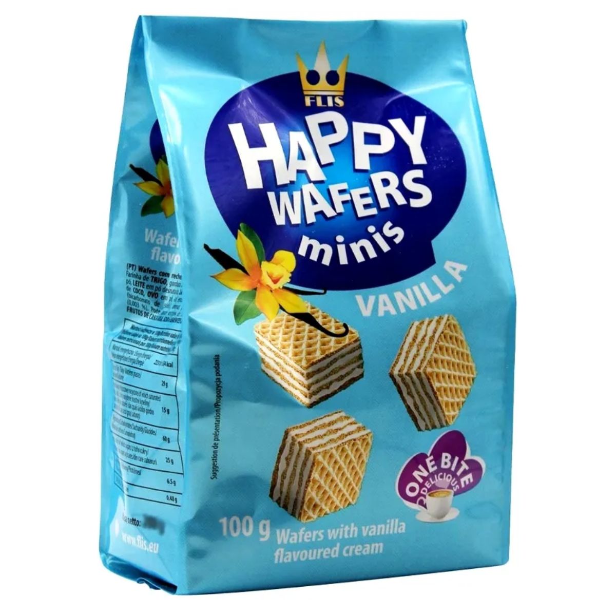 A bag of Happy Wafers - Minis with Vanilla - 200g on a white background.