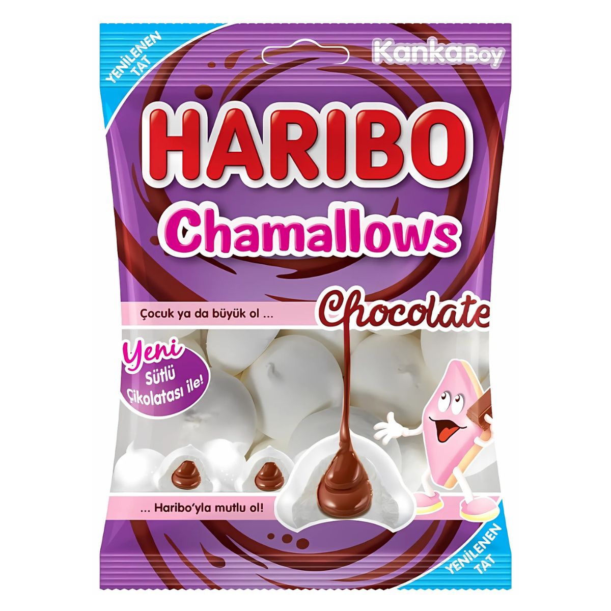 The 62g pack of Haribo Chamallows Choco-Soft features cartoon marshmallows dipped in chocolate on the front, playful purple and white branding, and Turkish text. The 62g pack of Haribo Chamallows Choco-Soft features cartoon marshmallows dipped in chocolate on the front, playful purple and white branding, and Turkish text.