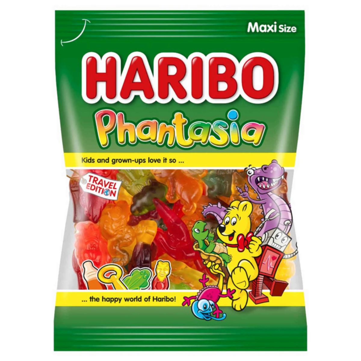 80g bag of Haribo - Phantasia gummy candies, featuring colorful illustrations, labeled as "Maxi Size" and "Travel Edition. 80g bag of Haribo - Phantasia gummy candies, featuring colorful illustrations, labeled as "Maxi Size" and "Travel Edition.