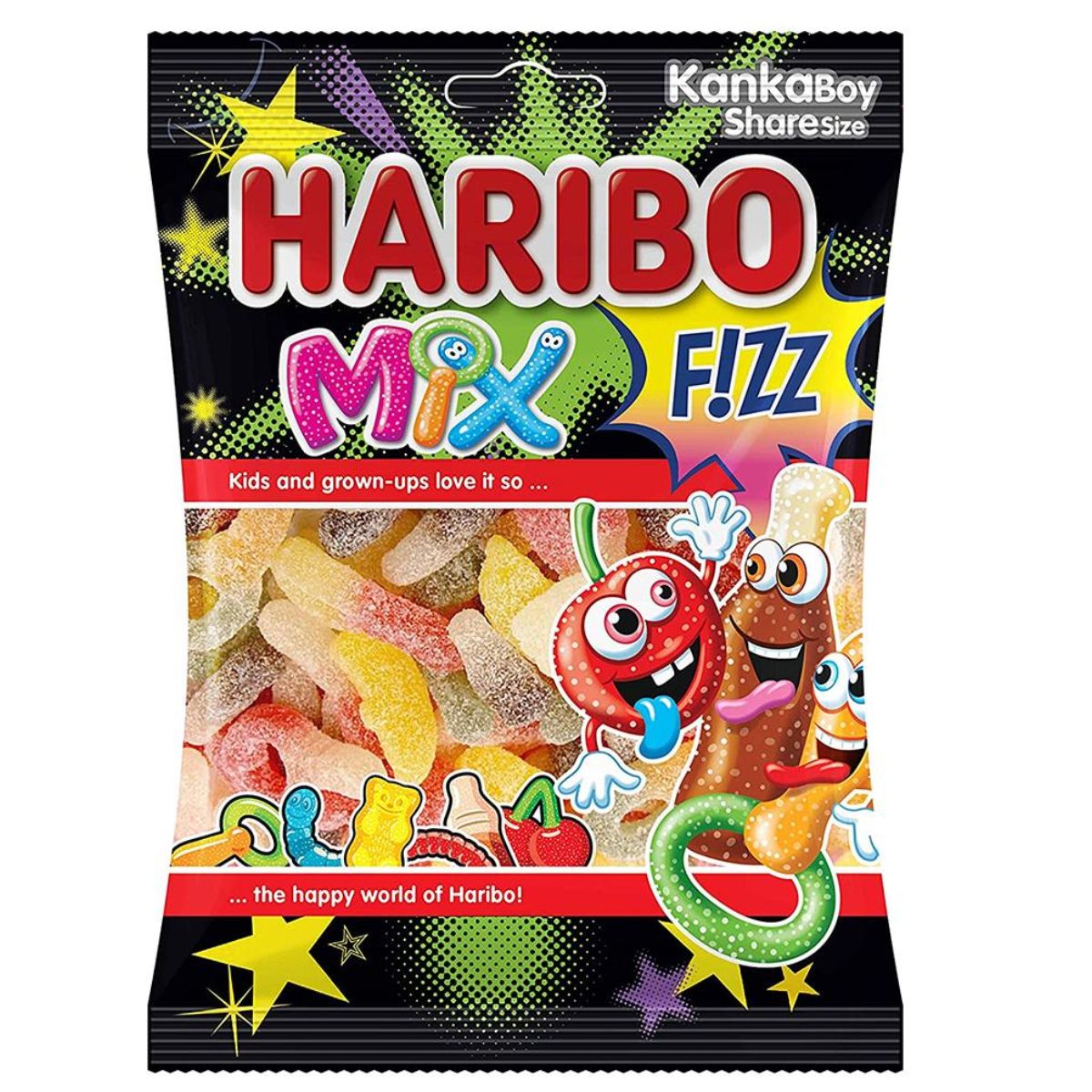 A 70g bag of Haribo Sour Mix, featuring colorful packaging and bursting with fruity, tangy flavors. A 70g bag of Haribo Sour Mix, featuring colorful packaging and bursting with fruity, tangy flavors.