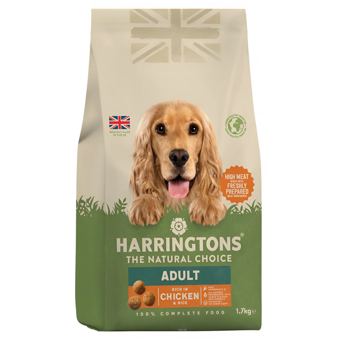 A 1.7kg bag of Harringtons Adult Rich In Chicken & Rice Dog Food, crafted in the UK with natural ingredients, featuring a dog image and British flag on the packaging. A 1.7kg bag of Harringtons Adult Rich In Chicken & Rice Dog Food, crafted in the UK with natural ingredients, featuring a dog image and British flag on the packaging.