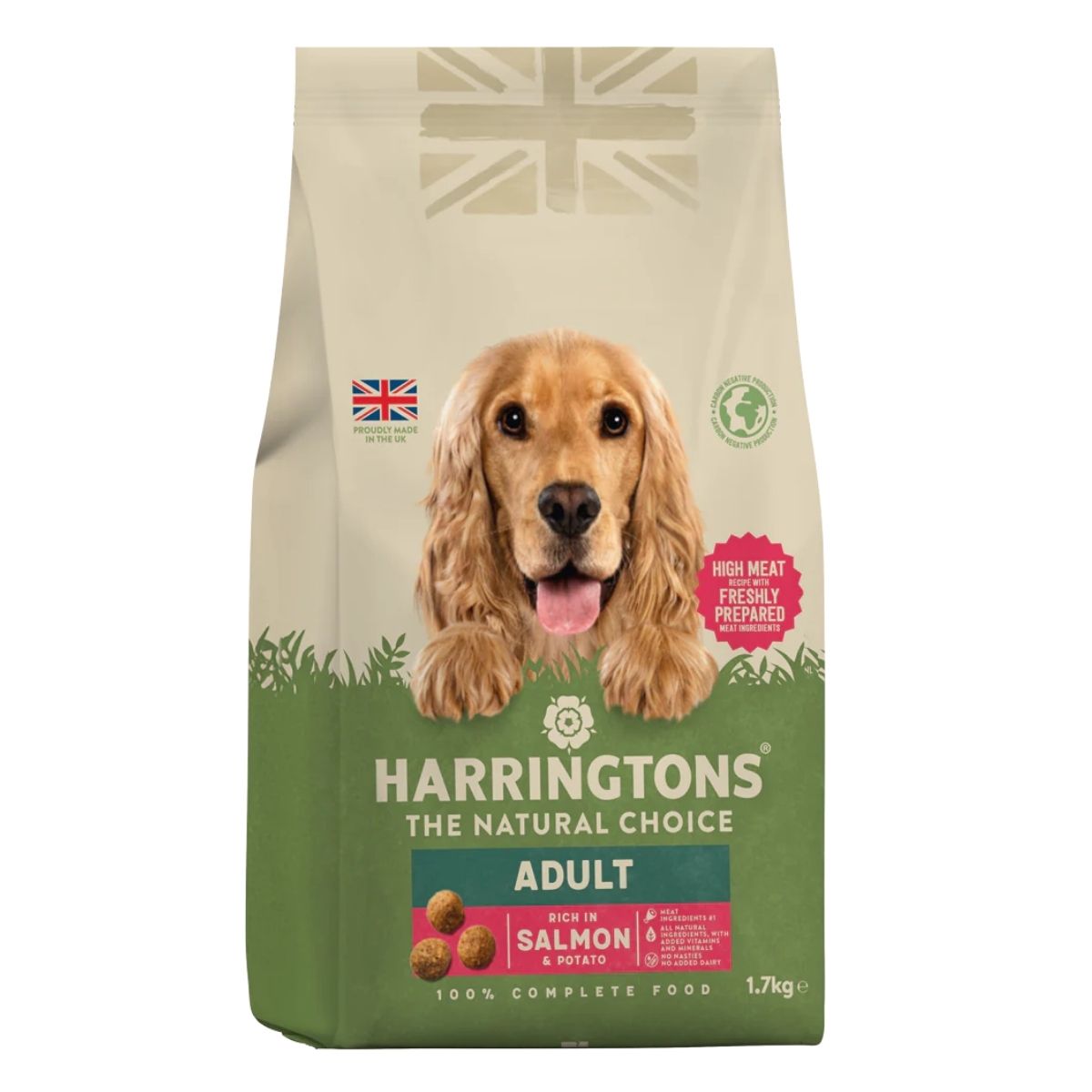 A 1.7kg bag of Harringtons Adult Rich In Salmon & Potato Dog Food, featuring UK branding and a dog photo on the front. A 1.7kg bag of Harringtons Adult Rich In Salmon & Potato Dog Food, featuring UK branding and a dog photo on the front.