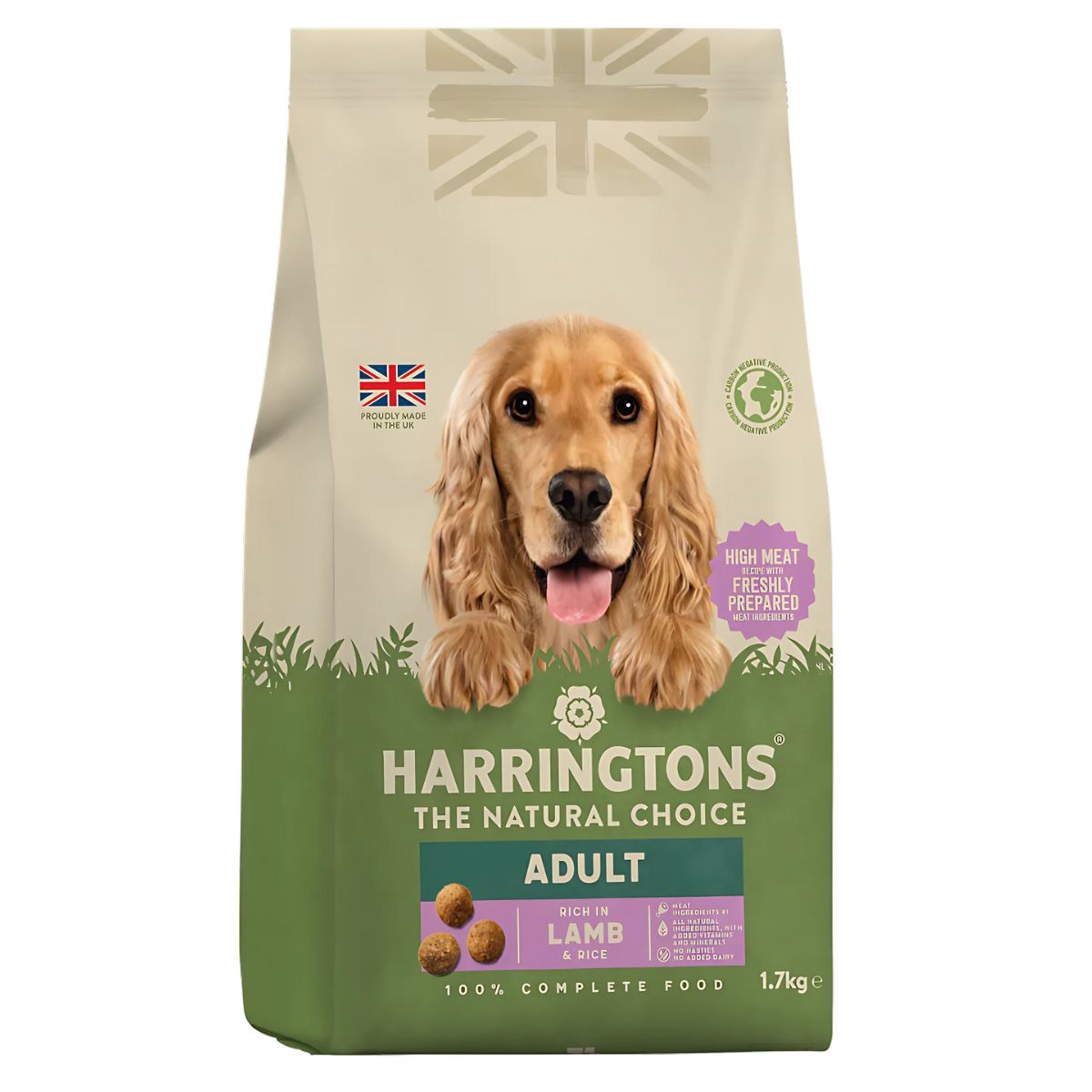 Harringtons - Adult Rich in Lamb & Rice (1.7kg) features a golden dog on the front with UK and eco-friendly symbols—ideal natural dry food for adult dogs. Harringtons - Adult Rich in Lamb & Rice (1.7kg) features a golden dog on the front with UK and eco-friendly symbols—ideal natural dry food for adult dogs.