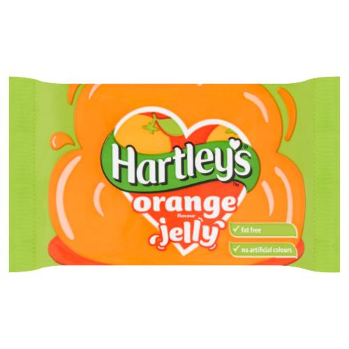 A packet of Hartley's - Orange Flavour Jelly - 135g, labeled as fat-free and containing no artificial colors.
