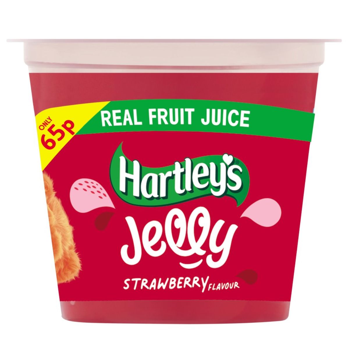 A container of Hartleys - Strawberry Jelly - 125g with a label indicating it contains real fruit juice.