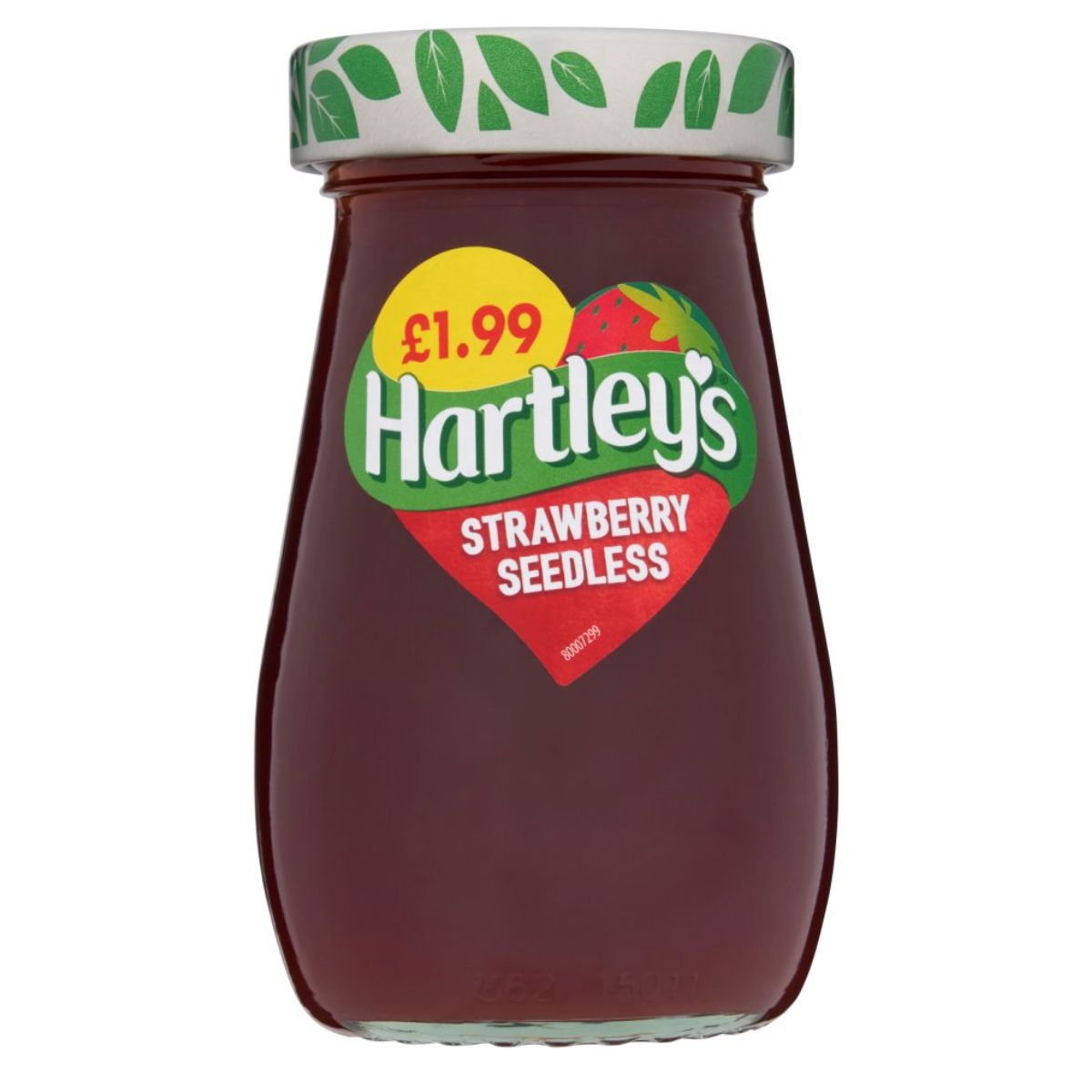 A jar of Hartleys - Strawberry Seedless - 300g jam on a white background. A jar of Hartleys - Strawberry Seedless - 300g jam on a white background.