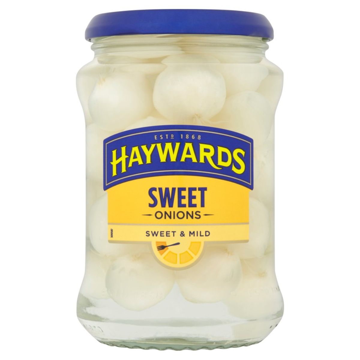 A glass jar of Haywards Sweet Onions Sweet & Mild - 400g, featuring a blue lid and a yellow and blue label clearly marked "Sweet & Mild," contains small white onions in clear liquid, perfect for vegetarians. A glass jar of Haywards Sweet Onions Sweet & Mild - 400g, featuring a blue lid and a yellow and blue label clearly marked "Sweet & Mild," contains small white onions in clear liquid, perfect for vegetarians.