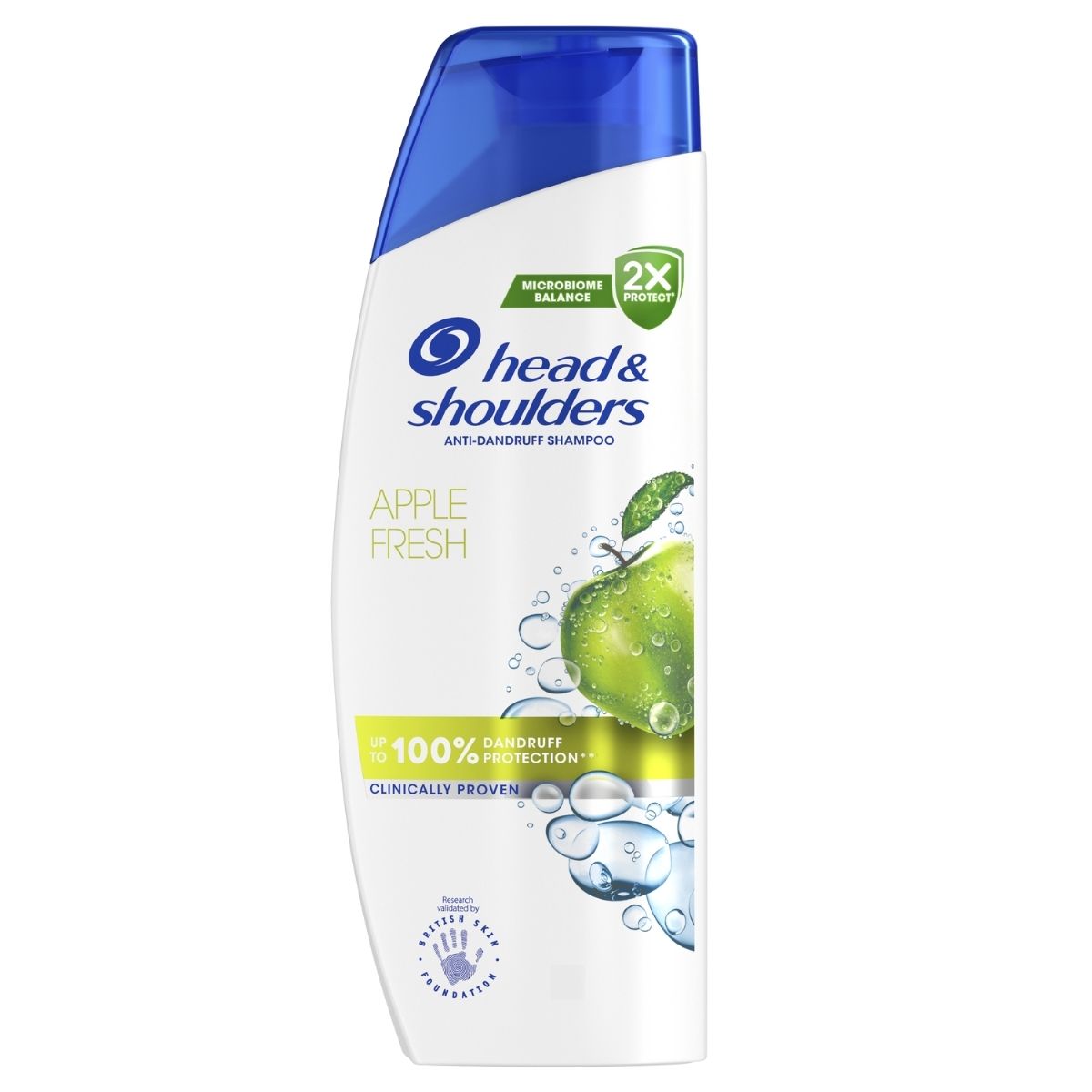 Head & Shoulders Anti-Dandruff Shampoo Apple Fresh, 400ml bottle, featuring a blue cap and label with an apple and water droplets. Head & Shoulders Anti-Dandruff Shampoo Apple Fresh, 400ml bottle, featuring a blue cap and label with an apple and water droplets.