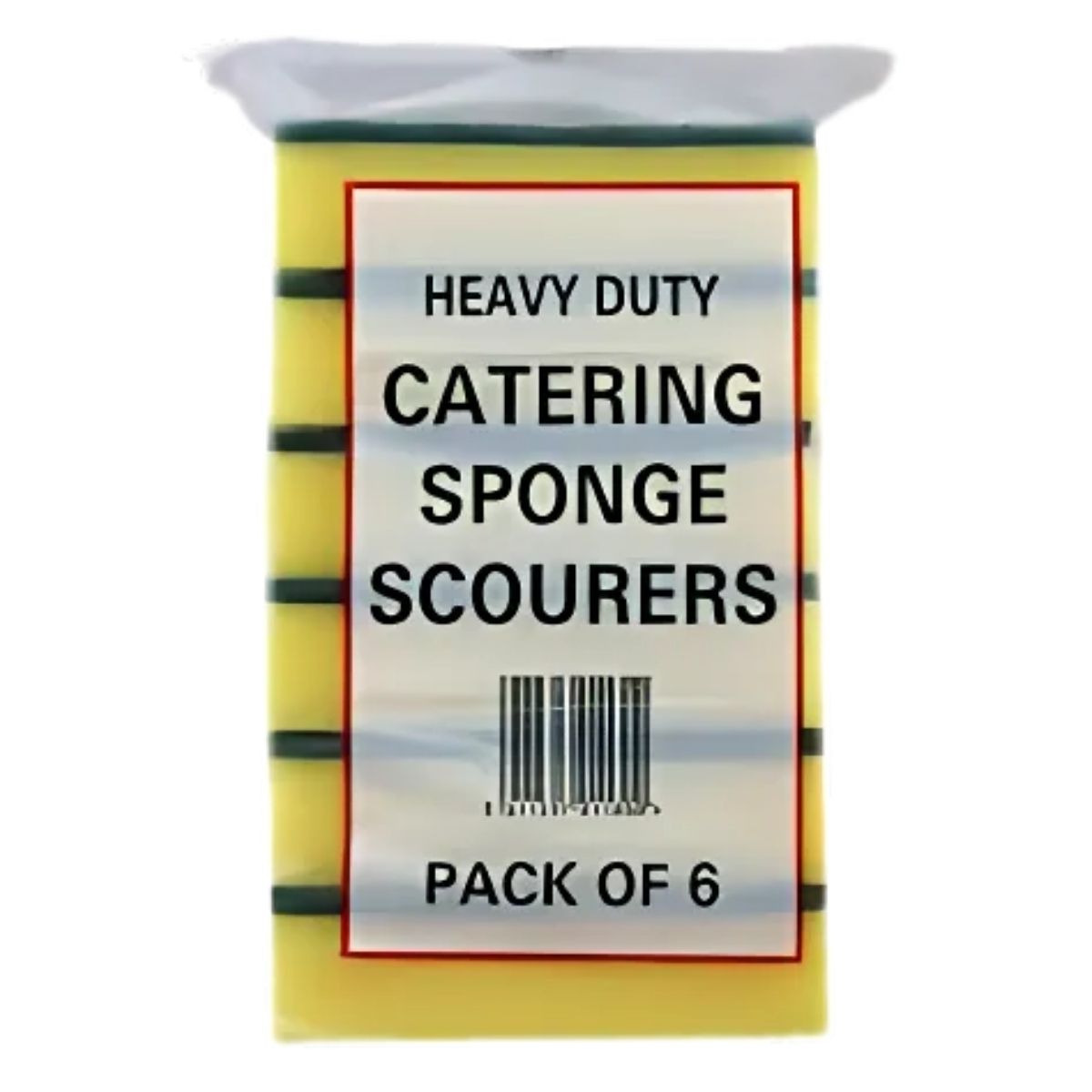 Six-pack of Heavy Duty Catering Sponge Scourers in clear packaging with a barcode, ideal for your cleaning needs. Six-pack of Heavy Duty Catering Sponge Scourers in clear packaging with a barcode, ideal for your cleaning needs.