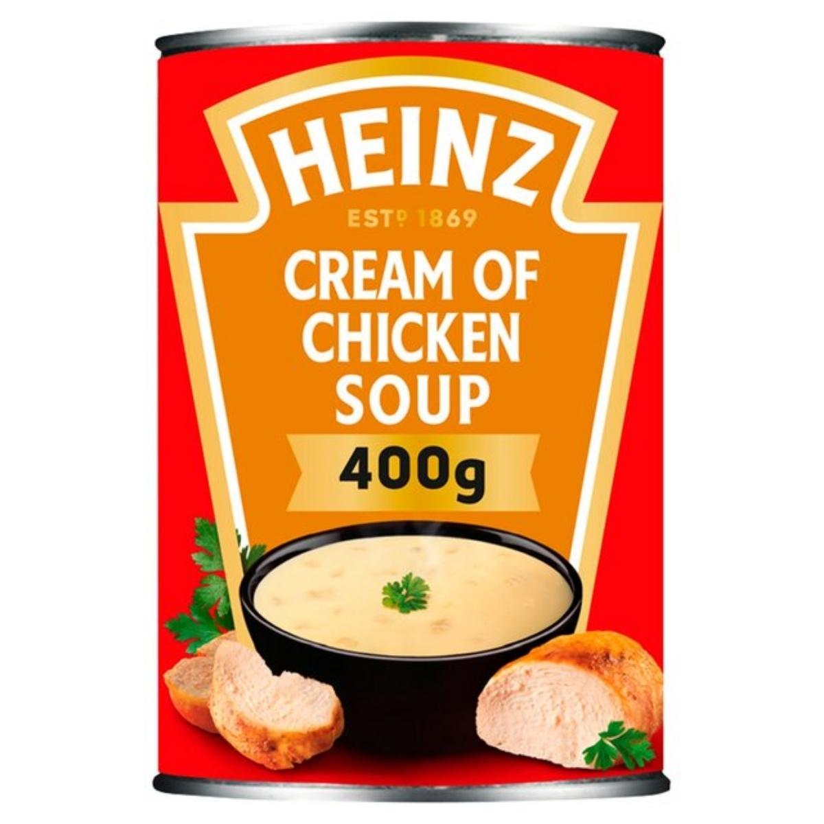 Heinz - Classic Cream of Chicken Soup, 400g, featuring an illustration of soup in a bowl alongside slices of bread on the label. Heinz - Classic Cream of Chicken Soup, 400g, featuring an illustration of soup in a bowl alongside slices of bread on the label.