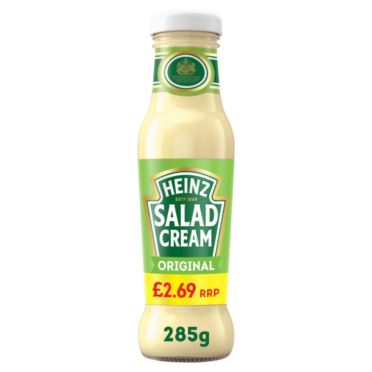 A 285g bottle of Heinz - Salad Cream Original Sauce - 285g, featuring a tangy flavor and creamy texture, with a recommended retail price of £2.69 shown on the label. A 285g bottle of Heinz - Salad Cream Original Sauce - 285g, featuring a tangy flavor and creamy texture, with a recommended retail price of £2.69 shown on the label.