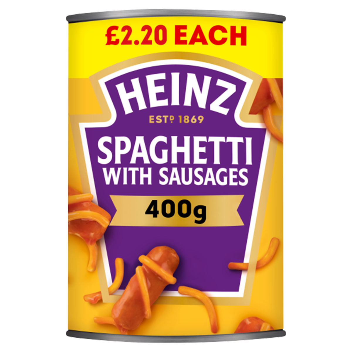 Sentence with Product Name: Can of Heinz - Spaghetti & Sausages - 400g, priced at £2.20.