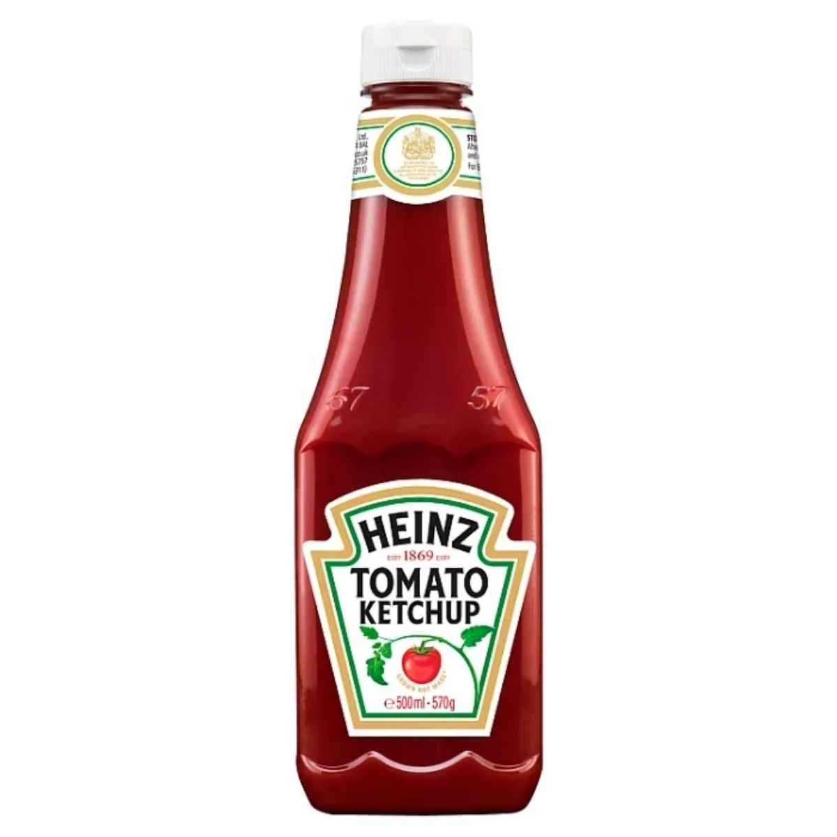 A 500ml Heinz Squeezy Tomato Ketchup Sauce bottle with a white cap, front label showing the brand logo, product name, and tomato image. This classic ketchup is also gluten free. A 500ml Heinz Squeezy Tomato Ketchup Sauce bottle with a white cap, front label showing the brand logo, product name, and tomato image. This classic ketchup is also gluten free.