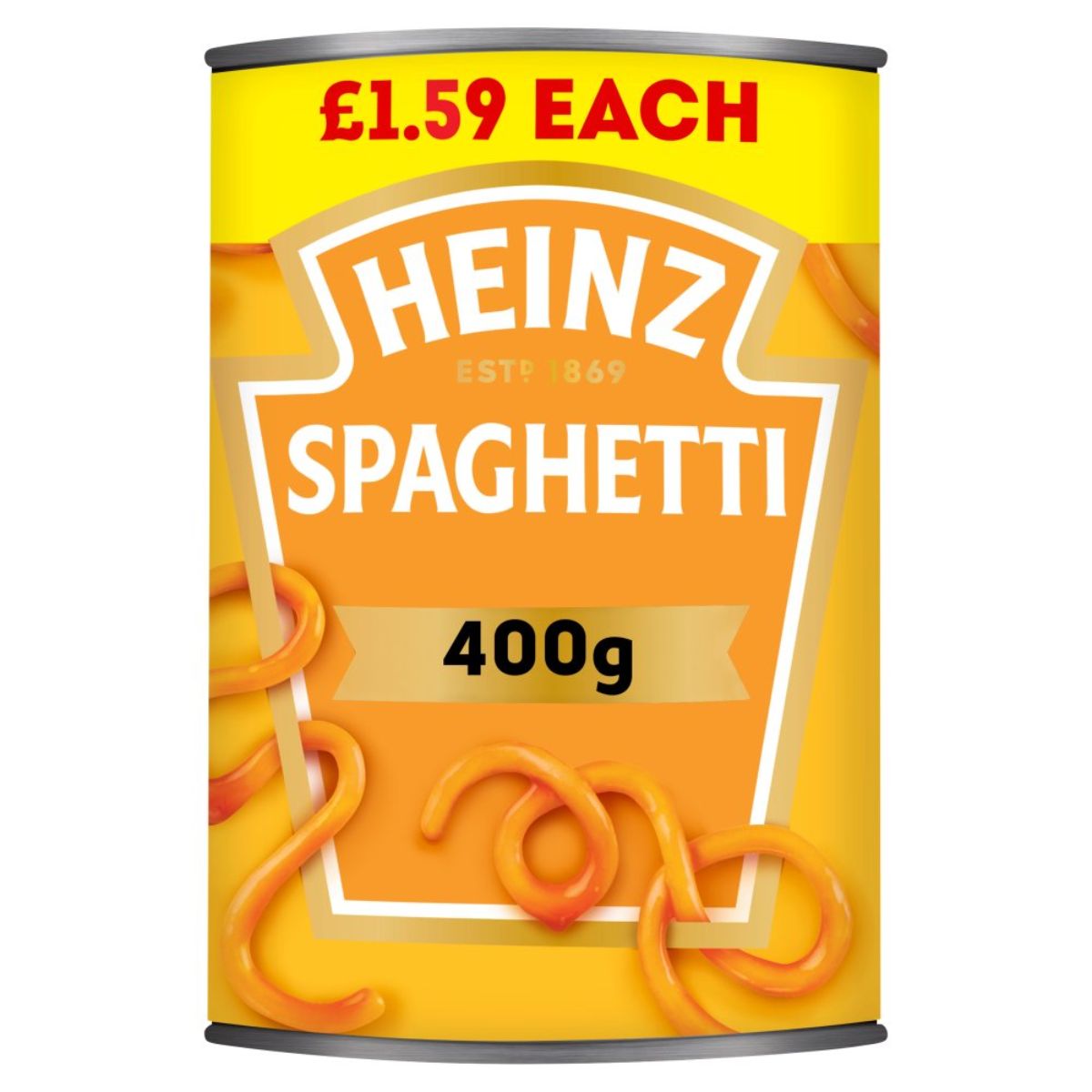 A 400g can of Heinz Spaghetti Freshly Made Pasta in a Juicy Tomato Sauce, priced at £1.59 each, features a yellow and orange label with spaghetti graphics. A 400g can of Heinz Spaghetti Freshly Made Pasta in a Juicy Tomato Sauce, priced at £1.59 each, features a yellow and orange label with spaghetti graphics.