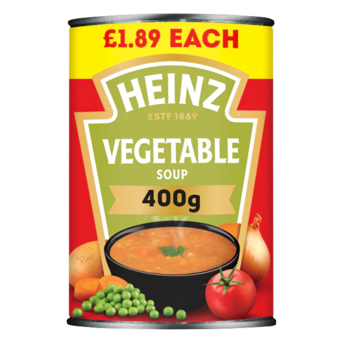A can of Heinz - Vegetable Soup - 400g, priced at £1.89 each. A can of Heinz - Vegetable Soup - 400g, priced at £1.89 each.