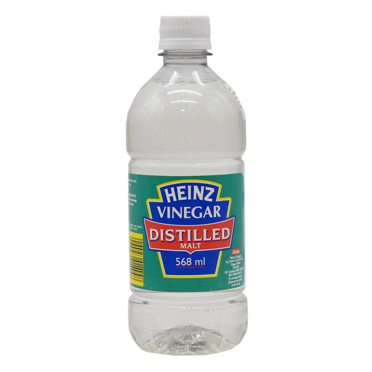 A clear plastic bottle of Heinz - Vinegar Distilled Malt - 568g.