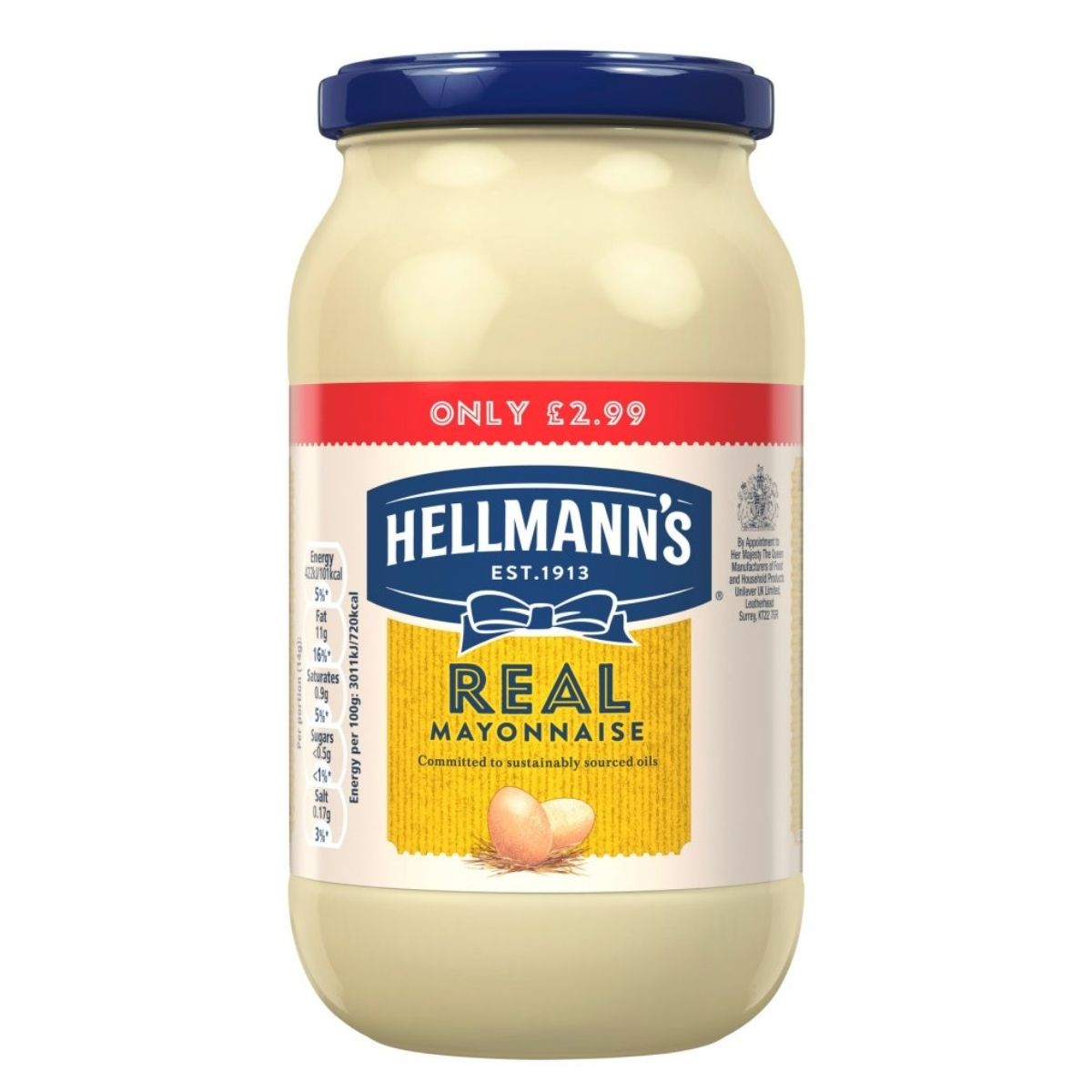 A 400g jar of Hellmann's Real Mayonnaise with a blue lid, priced at £2.99. A 400g jar of Hellmann's Real Mayonnaise with a blue lid, priced at £2.99.