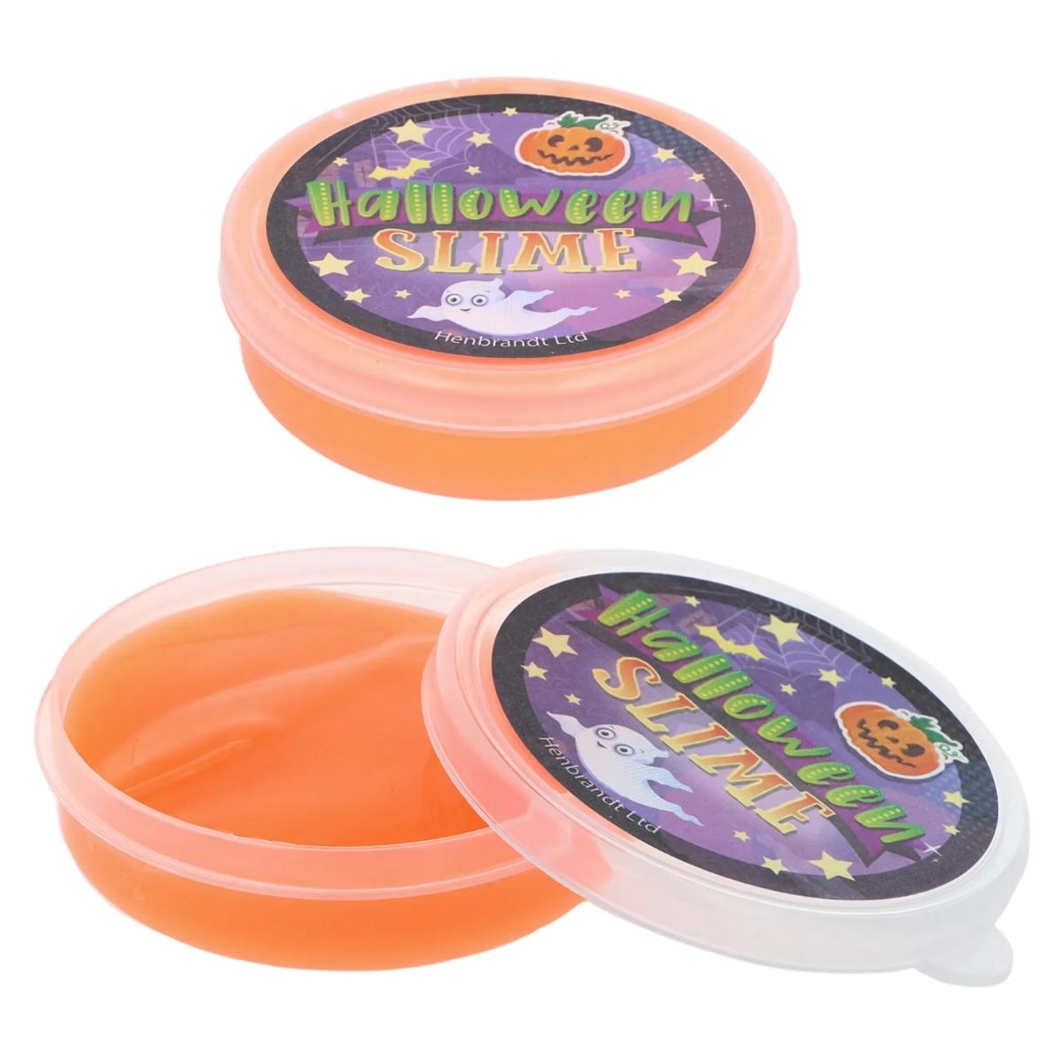 Two 40g Henbrandt Halloween Slime containers—one open, one closed—with festive labels. Perfect for trick-or-treating or party favors. Brand: Henbrandt. Two 40g Henbrandt Halloween Slime containers—one open, one closed—with festive labels. Perfect for trick-or-treating or party favors. Brand: Henbrandt.