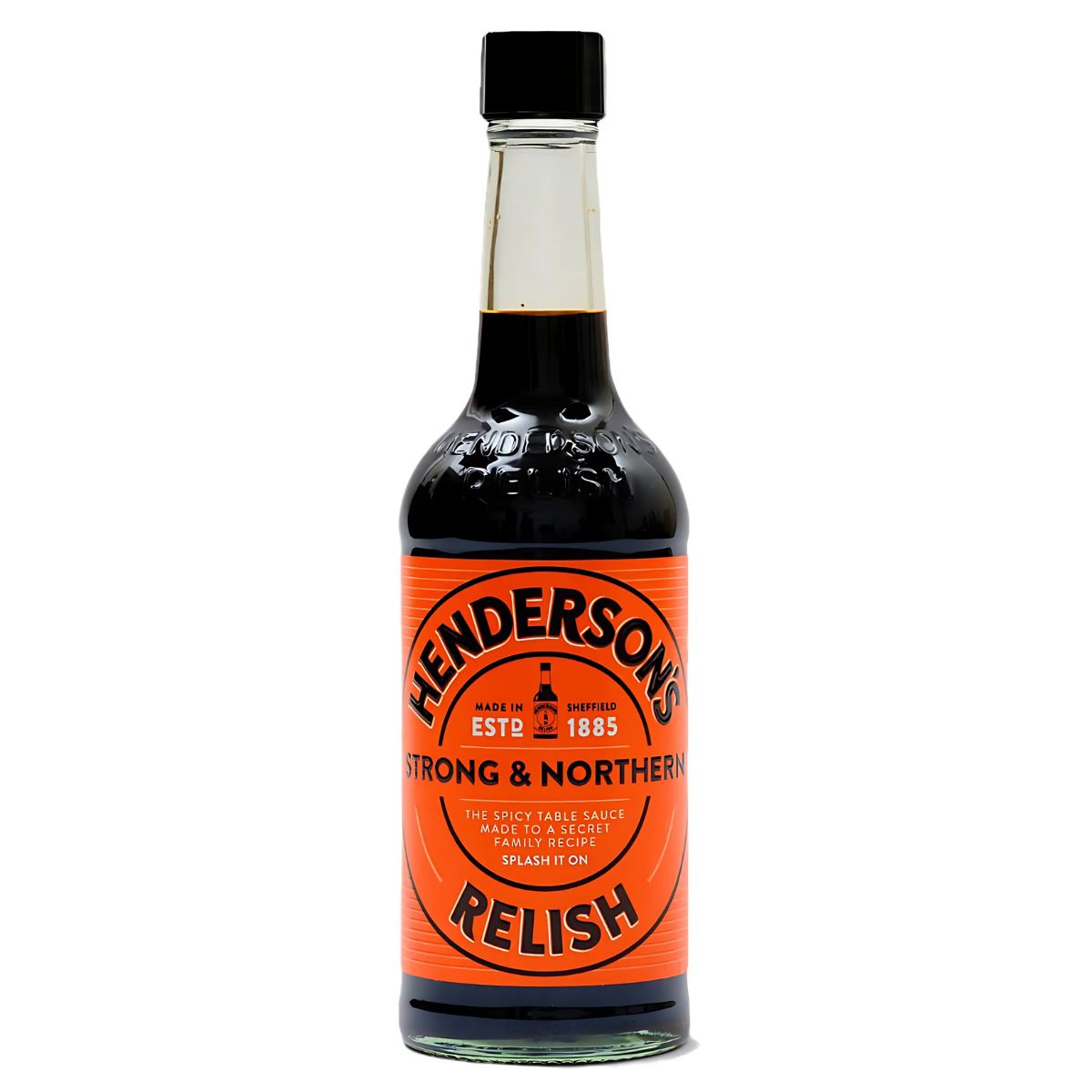 A 284ml bottle of Henderson’s - Strong & Northe Relish, featuring a black cap and an orange label with the brand name and details, is known for its tangy flavor and versatility. A 284ml bottle of Henderson’s - Strong & Northe Relish, featuring a black cap and an orange label with the brand name and details, is known for its tangy flavor and versatility.