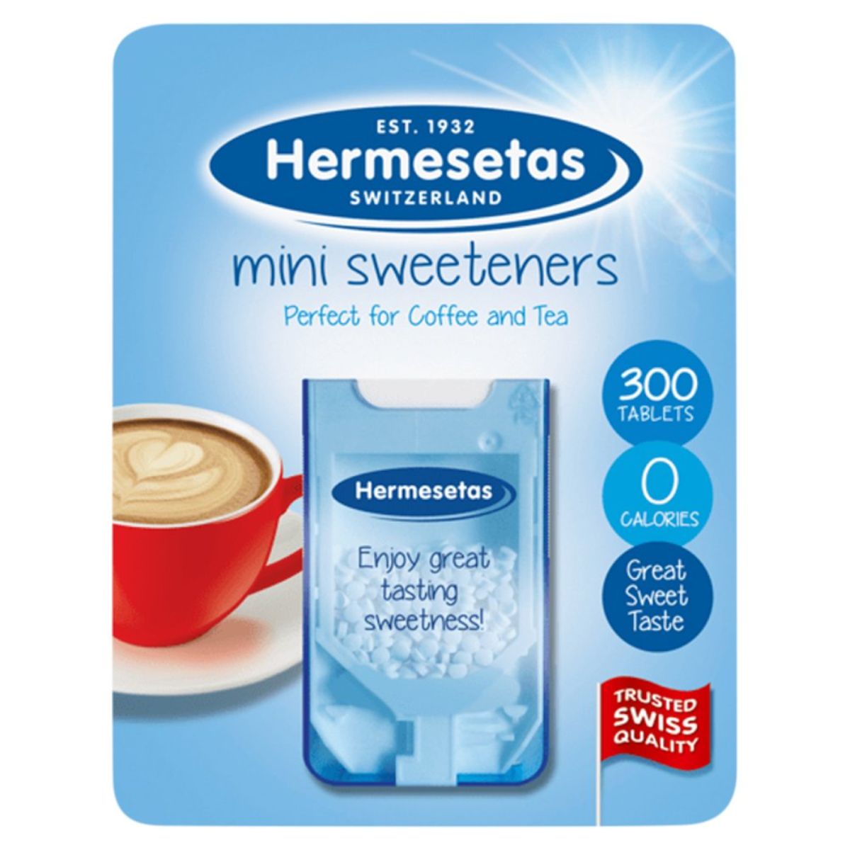 Hermesetas - Mini Sweeteners 300 Tablets - 3.6g in a cup of coffee.