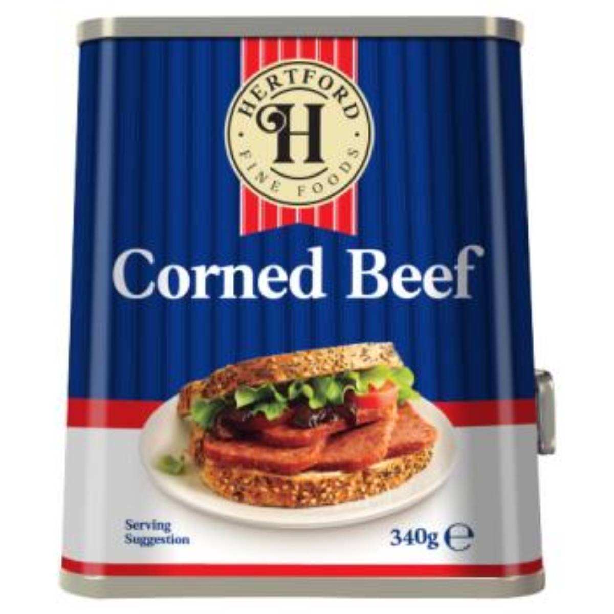 A 340g tin of Hertford Fine Foods Corned Beef features an appealing sandwich with cooked beef and fresh lettuce on the label. A 340g tin of Hertford Fine Foods Corned Beef features an appealing sandwich with cooked beef and fresh lettuce on the label.