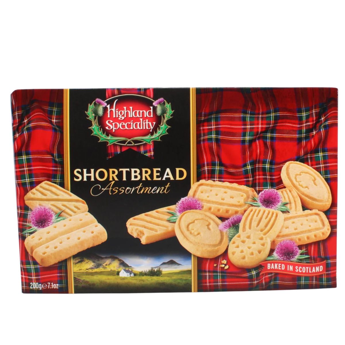 A box of Highland - Speciality Shortbread Assortment - 200g with tartan on it. A box of Highland - Speciality Shortbread Assortment - 200g with tartan on it.
