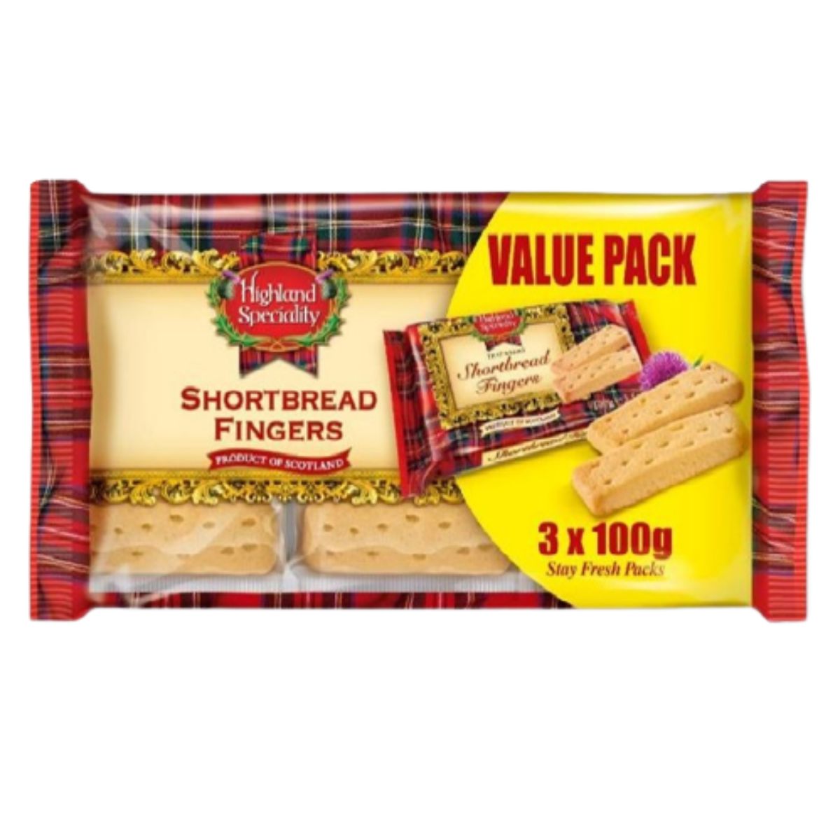 A bag of Highland Speciality - Shortbread Fingers - 300g with tartan on it.